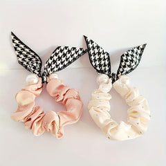 Houndstooth Bow Scrunchies Pearl Hair Rope Ponytail Holder Hair Accessories