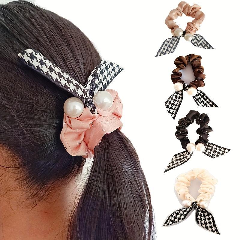 Houndstooth Bow Scrunchies Pearl Hair Rope Ponytail Holder Hair Accessories