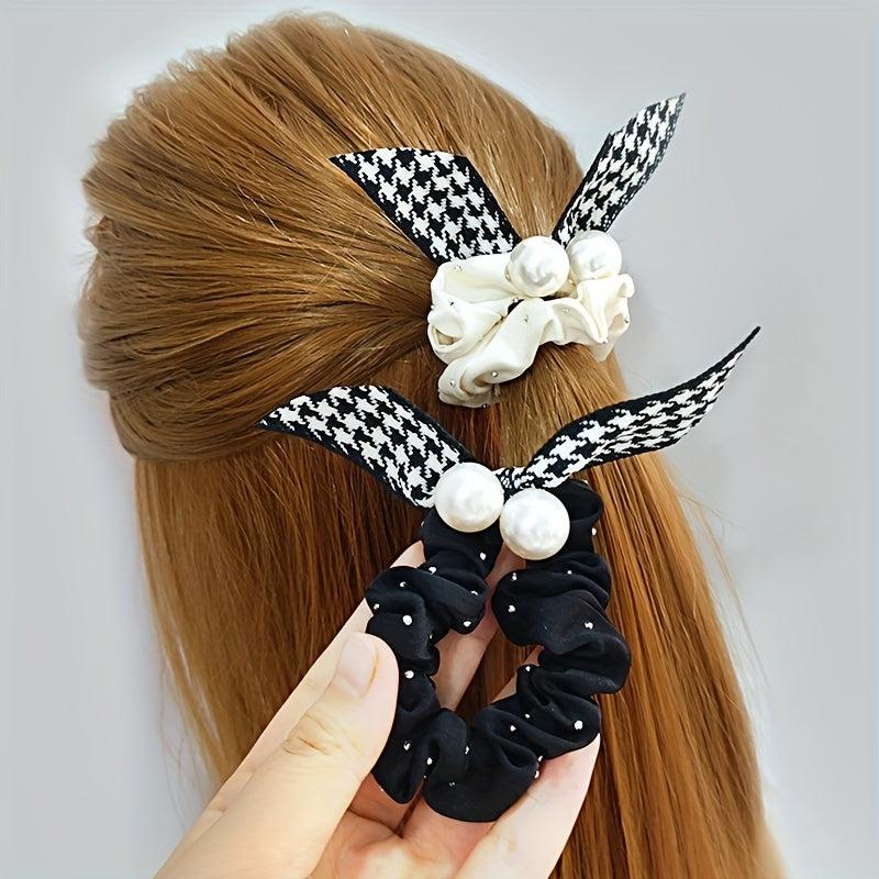 Houndstooth Bow Scrunchies Pearl Hair Rope Ponytail Holder Hair Accessories