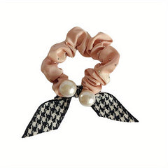 Houndstooth Bow Scrunchies Pearl Hair Rope Ponytail Holder Hair Accessories