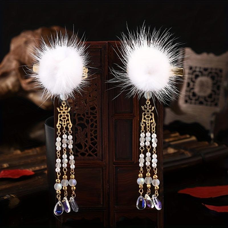 Retro Plush Ball Hair Clip With Small Bells Non slip Duck Billed Clip