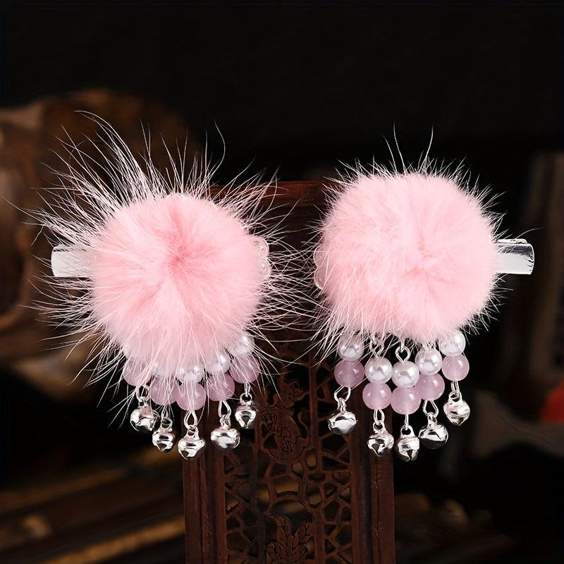 Retro Plush Ball Hair Clip With Small Bells Non slip Duck Billed Clip