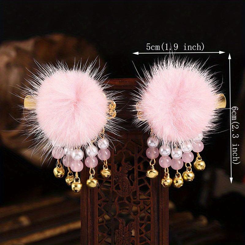 Retro Plush Ball Hair Clip With Small Bells Non slip Duck Billed Clip