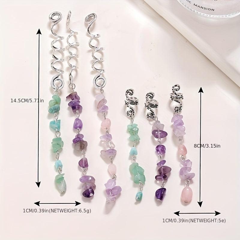 6pcs Spiral Hair Pin with Stone Tassel - Hair Coil Ring for Women Girls