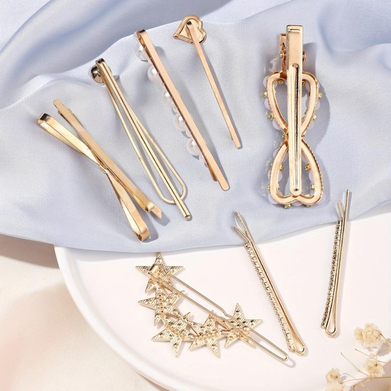 8pcs Hair Pin Metal Clip Pearl Rhinestone Decor Hairpin Bow Shape Women Girls