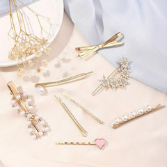 8pcs Hair Pin Metal Clip Pearl Rhinestone Decor Hairpin Bow Shape Women Girls
