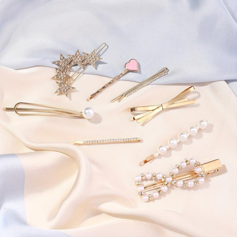 8pcs Hair Pin Metal Clip Pearl Rhinestone Decor Hairpin Bow Shape Women Girls
