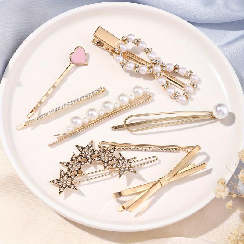 8pcs Hair Pin Metal Clip Pearl Rhinestone Decor Hairpin Bow Shape Women Girls