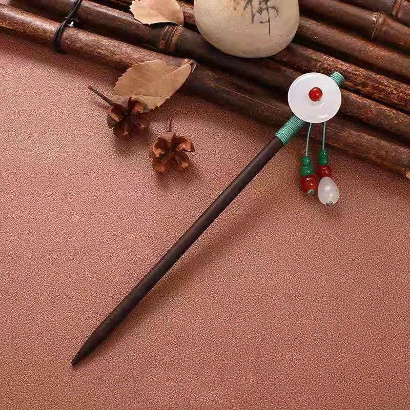 Chinese Style Faux Jade Hair Pin Wooden Hair Stick Ponytail Holder Women