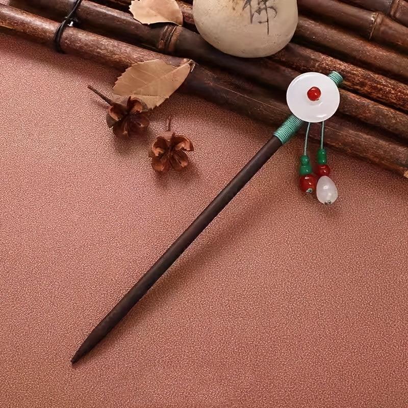 Chinese Style Faux Jade Hair Pin Wooden Hair Stick Ponytail Holder Women
