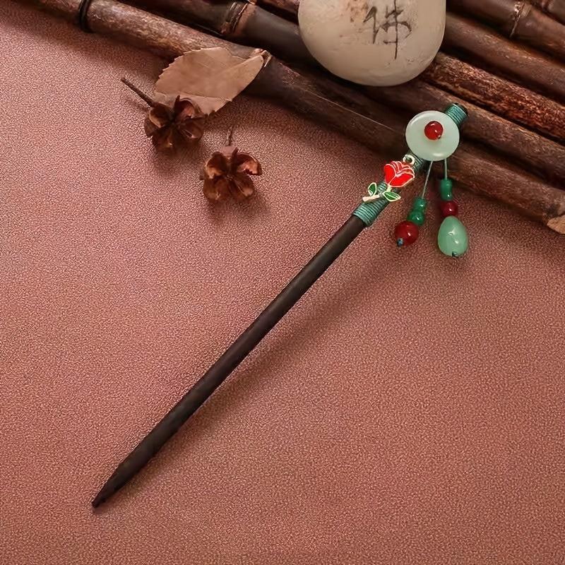 Chinese Style Faux Jade Hair Pin Wooden Hair Stick Ponytail Holder Women