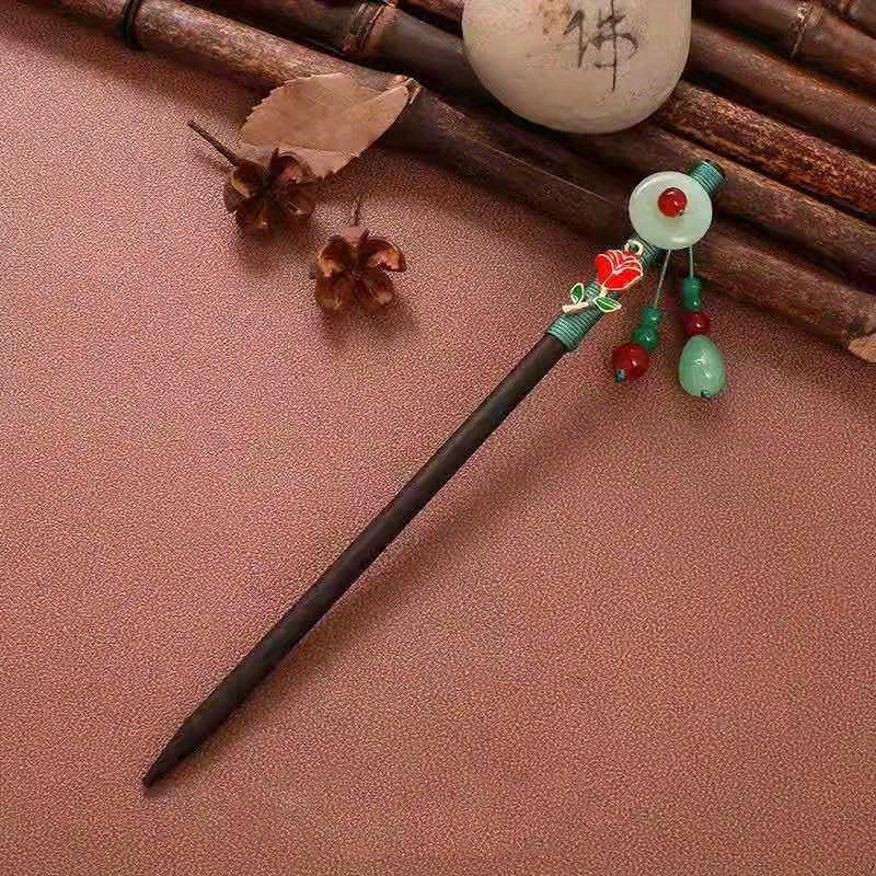 Chinese Style Faux Jade Hair Pin Wooden Hair Stick Ponytail Holder Women