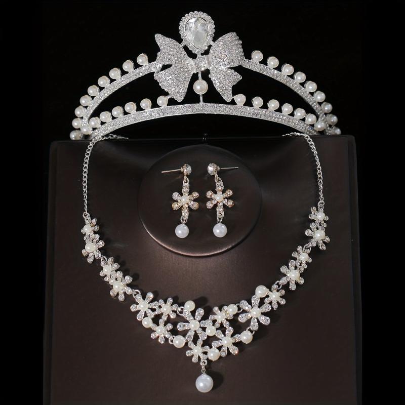 3pcs Wedding Crown Necklace Earrings Set Crown Jewelry