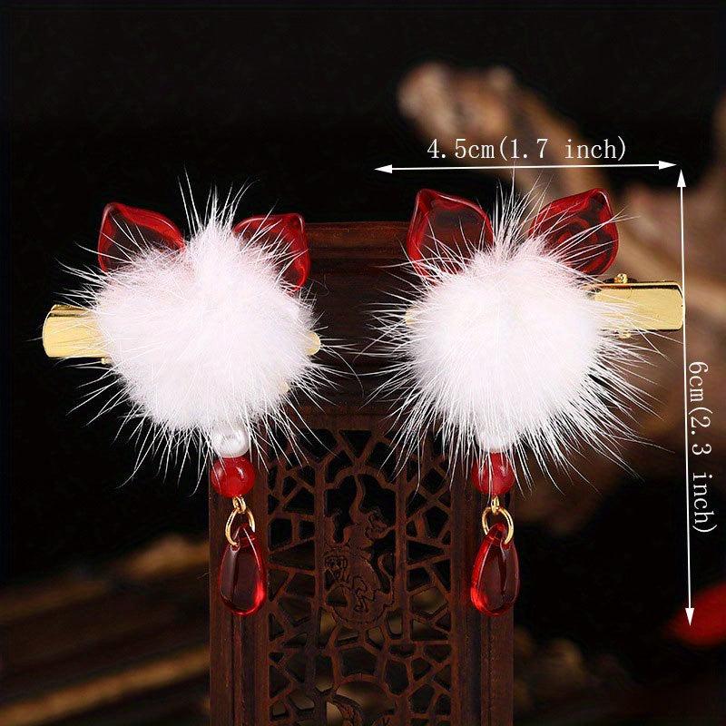 Plush Ball Hair Clip With Opal Pendant Chinese Style Hair Accessories