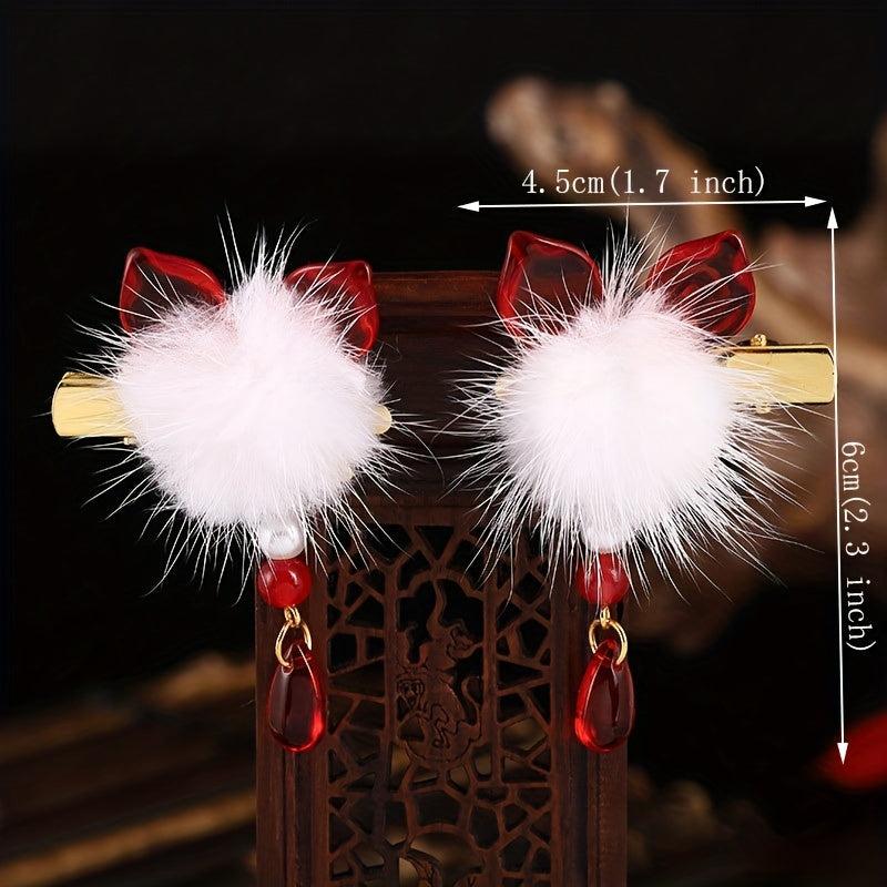 Plush Ball Hair Clip With Opal Pendant Chinese Style Hair Accessories