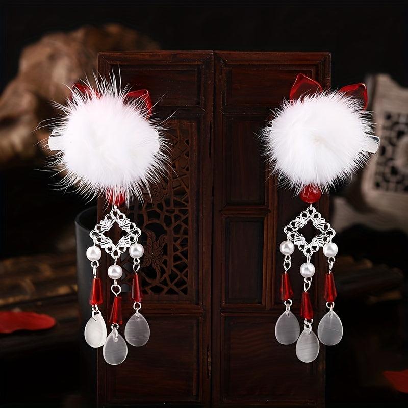 Plush Ball Hair Clip With Opal Pendant Chinese Style Hair Accessories