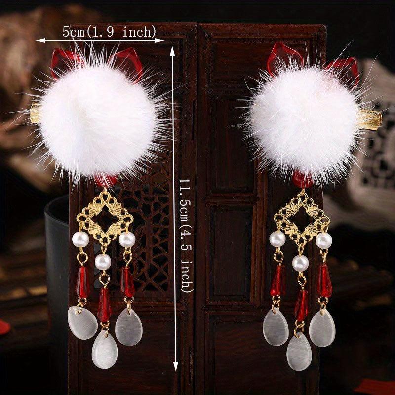 Plush Ball Hair Clip With Opal Pendant Chinese Style Hair Accessories
