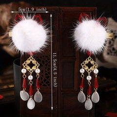 Plush Ball Hair Clip With Opal Pendant Chinese Style Hair Accessories
