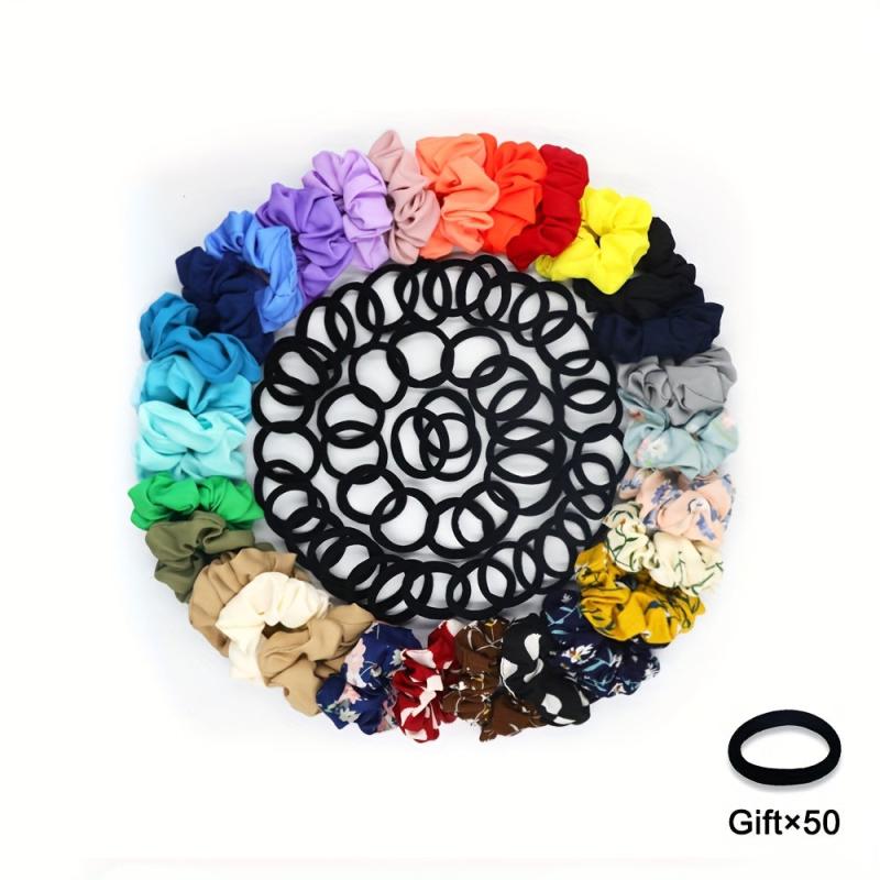 30Pcs Flower Hair Scrunchies & 50Pcs Elastic Hair Bands Soft Hair Ties Package