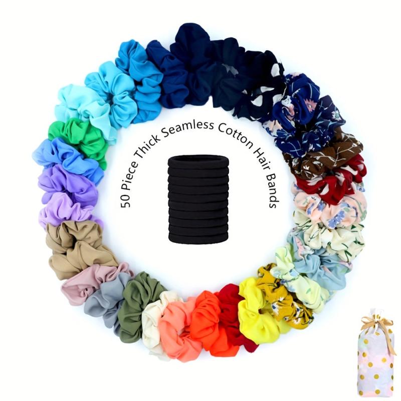 30Pcs Flower Hair Scrunchies & 50Pcs Elastic Hair Bands Soft Hair Ties Package
