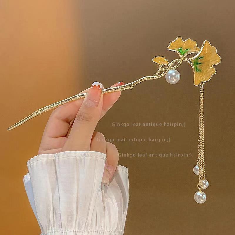 Vintage Chinese Hairpin Faux Pearl Flower Lantern Tassel Chignon