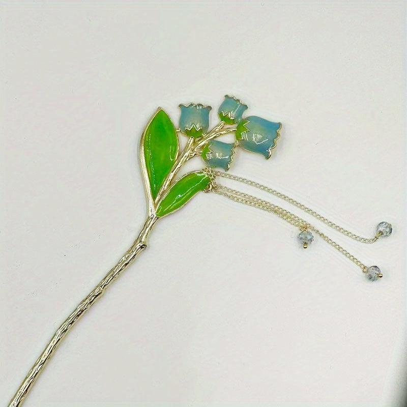 Vintage Chinese Hairpin Faux Pearl Flower Lantern Tassel Chignon