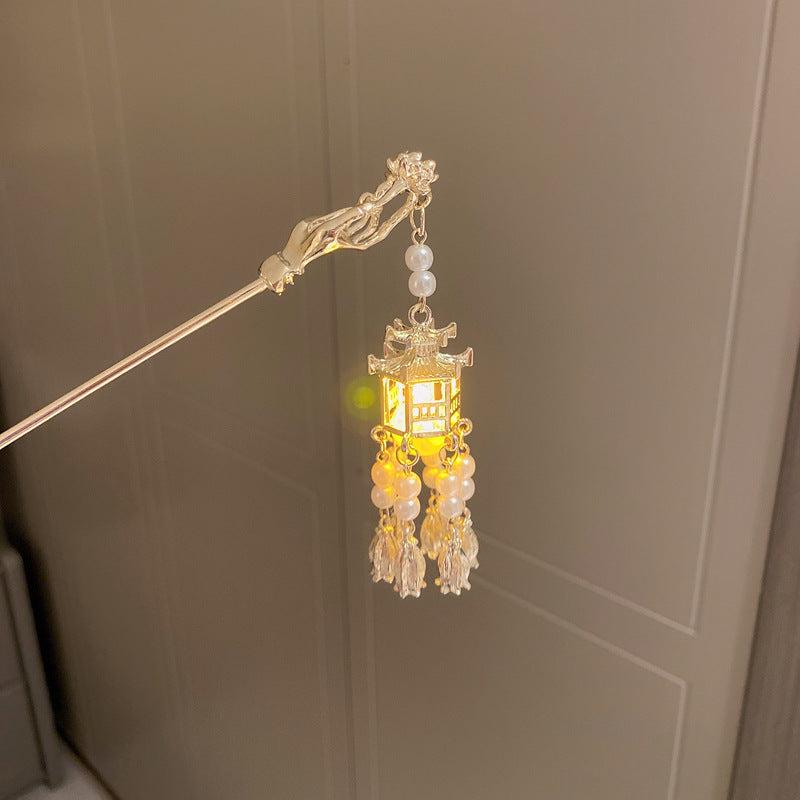 Vintage Chinese Hairpin Faux Pearl Flower Lantern Tassel Chignon