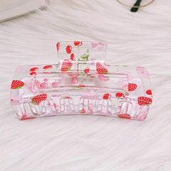 Women Sweet Hair Claw Hollow Rectangle Strawberry Printed Shark Claw Hair Clip