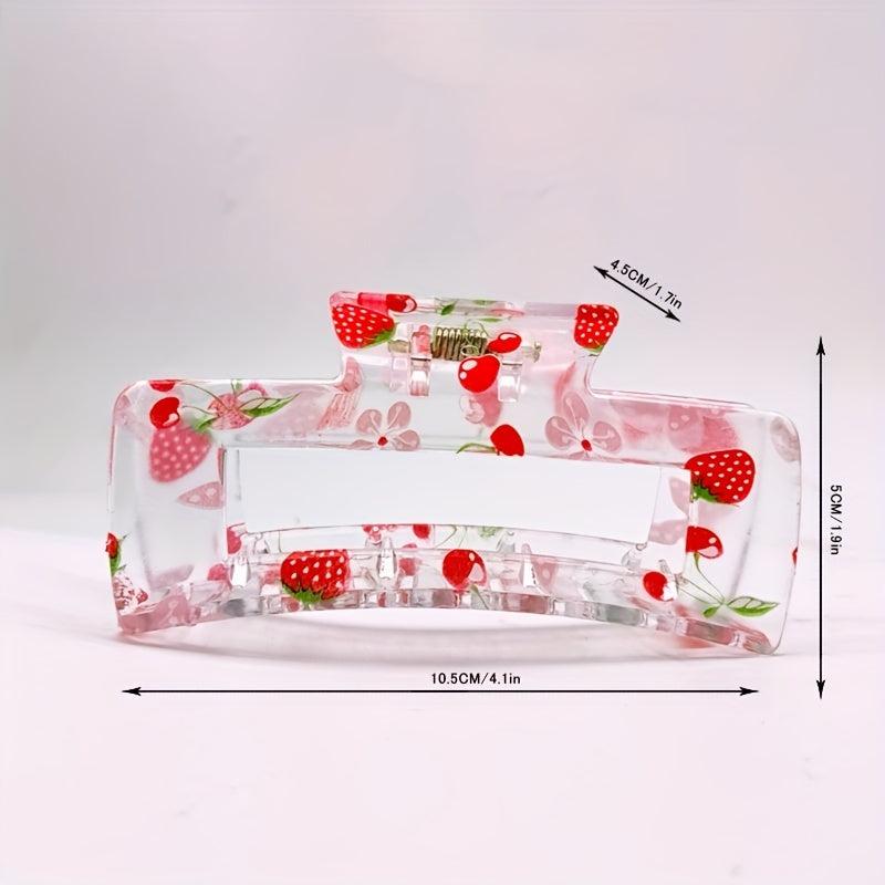 Women Sweet Hair Claw Hollow Rectangle Strawberry Printed Shark Claw Hair Clip