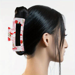 Women Sweet Hair Claw Hollow Rectangle Strawberry Printed Shark Claw Hair Clip