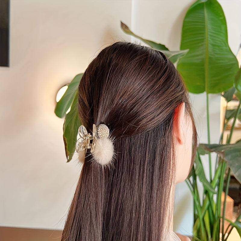Pom Pom Rhinestone Cherry Hair Claw Clip Small Non Slip Strong Hold Grip