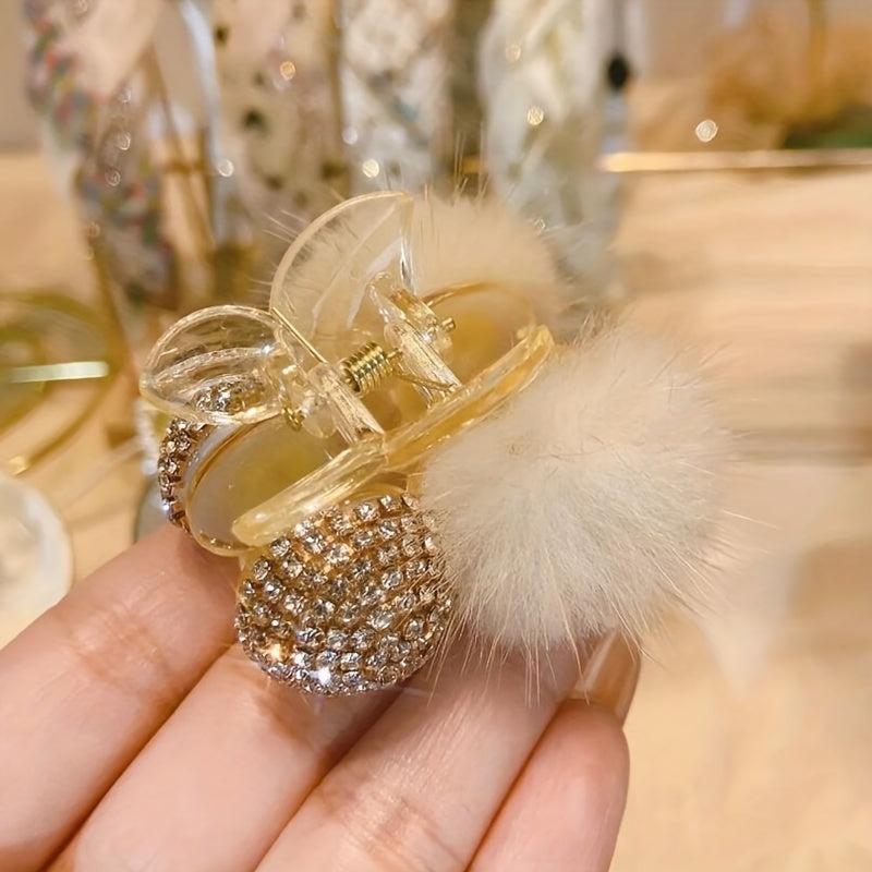 Pom Pom Rhinestone Cherry Hair Claw Clip Small Non Slip Strong Hold Grip