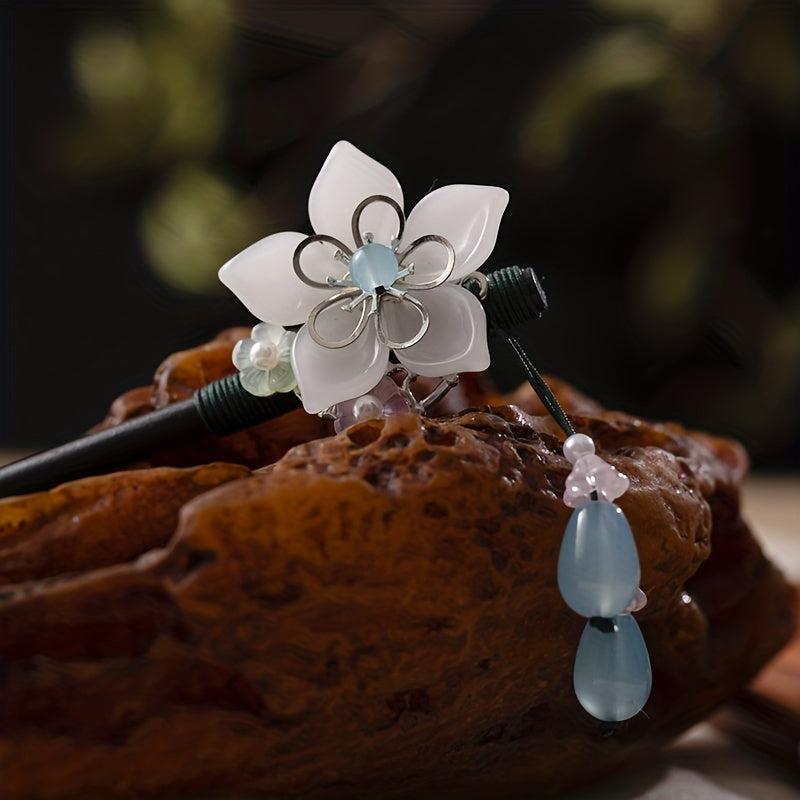 Wooden Flower Hairpin with Pendant Hair Stick Chinese Style Costume Accessory