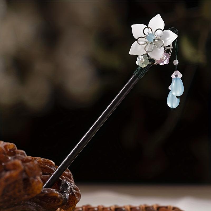 Wooden Flower Hairpin with Pendant Hair Stick Chinese Style Costume Accessory
