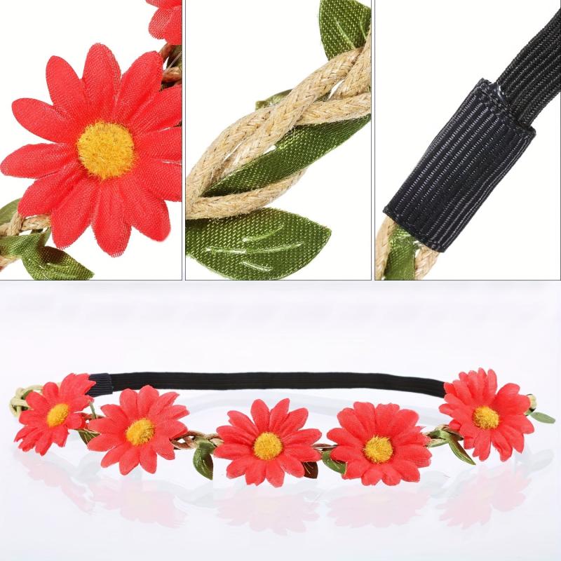 7pcs Flower Headband Hawaiian Sunflower Daisy Hair Tie Floral Wreath