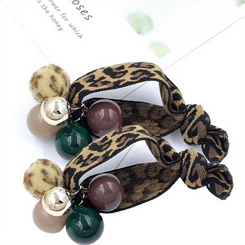 2pcs Leopard Print Rainbow Pearl Rhinestone Hair Tie Scrunchie Hair Accessories