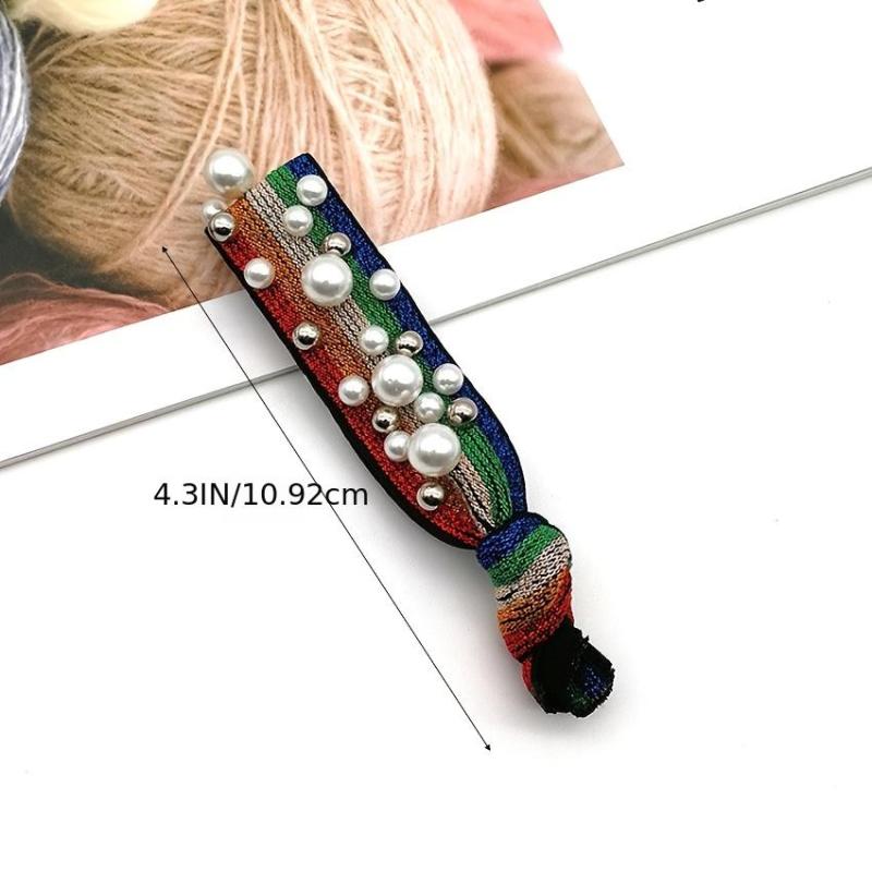 2pcs Leopard Print Rainbow Pearl Rhinestone Hair Tie Scrunchie Hair Accessories