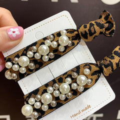 2pcs Leopard Print Rainbow Pearl Rhinestone Hair Tie Scrunchie Hair Accessories