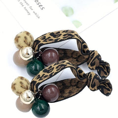 2pcs Leopard Print Rainbow Pearl Rhinestone Hair Tie Scrunchie Hair Accessories