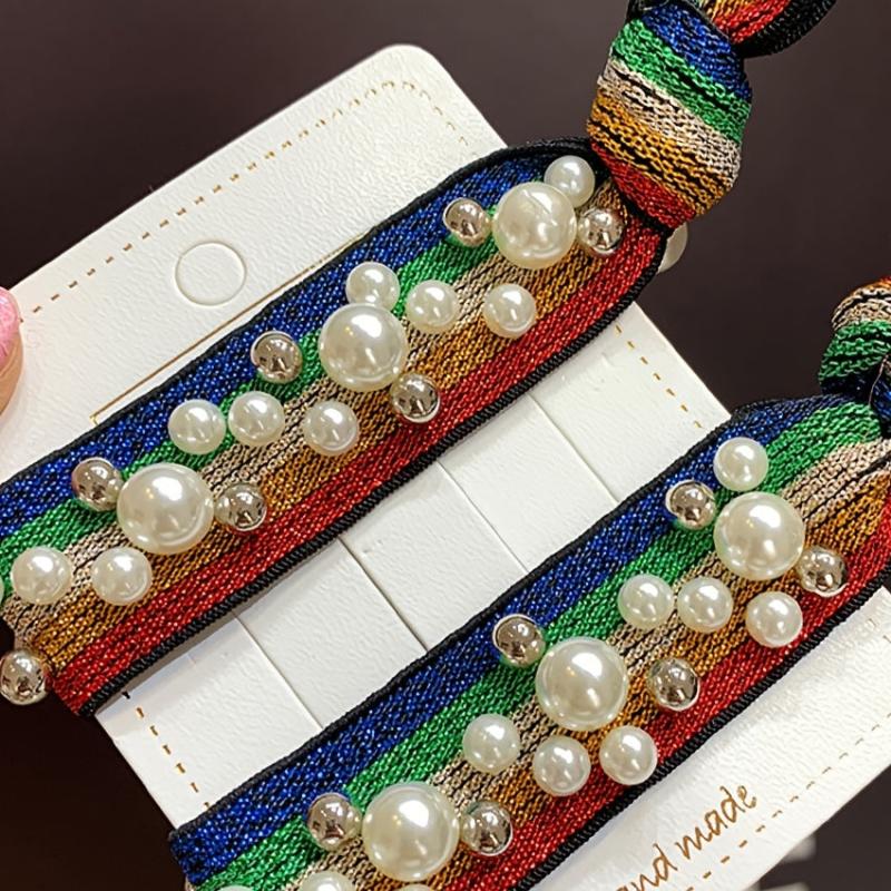 2pcs Leopard Print Rainbow Pearl Rhinestone Hair Tie Scrunchie Hair Accessories
