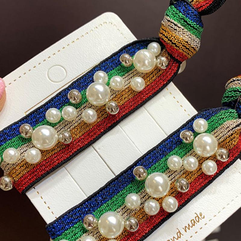 2pcs Leopard Print Rainbow Pearl Rhinestone Hair Tie Scrunchie Hair Accessories