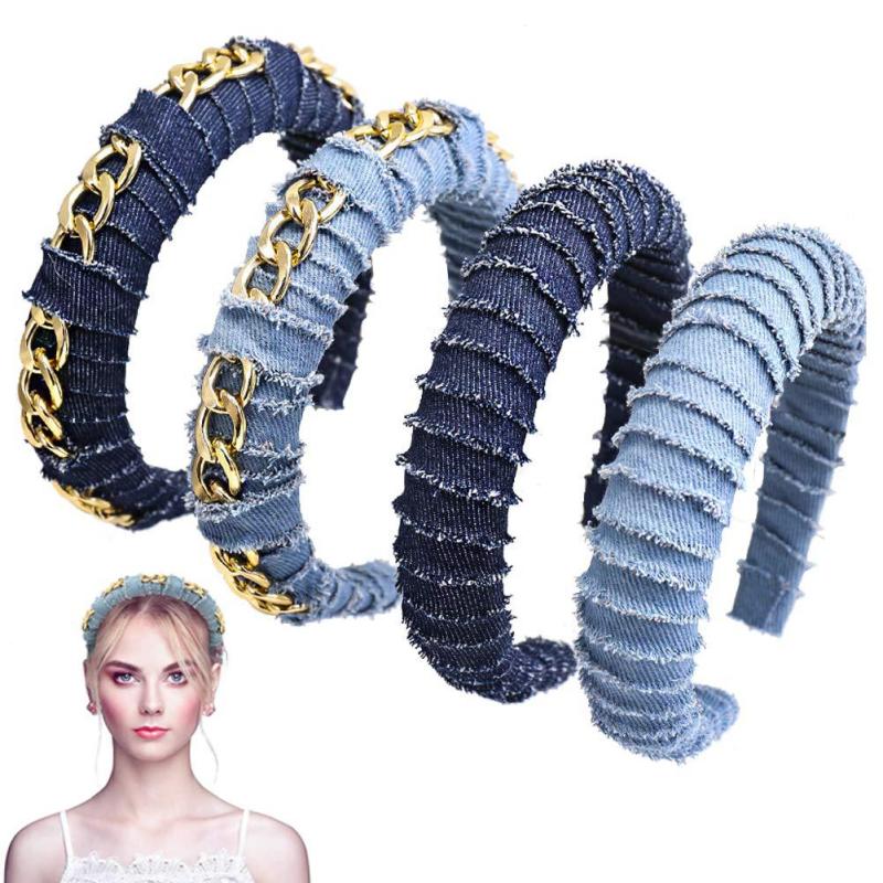 Women's Denim Fabric Headband with Golden Chain Hair Accessories