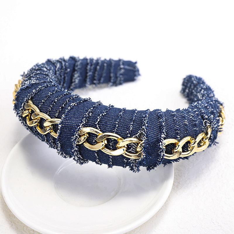 Women's Denim Fabric Headband with Golden Chain Hair Accessories