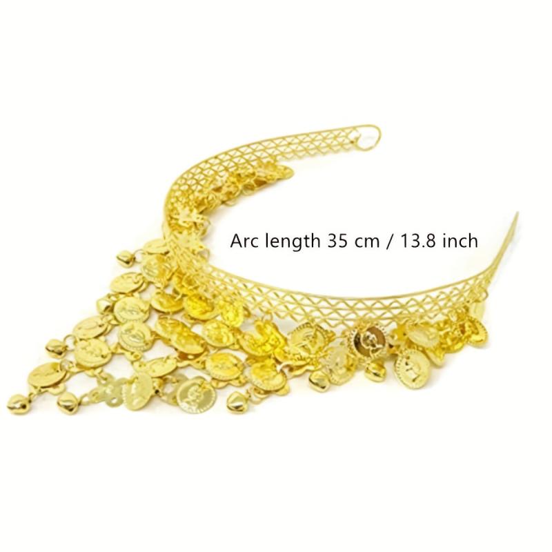 Golden Silvery Metal Chain Headband Wave Ethnic Greek Coin Belly Dance Headdress