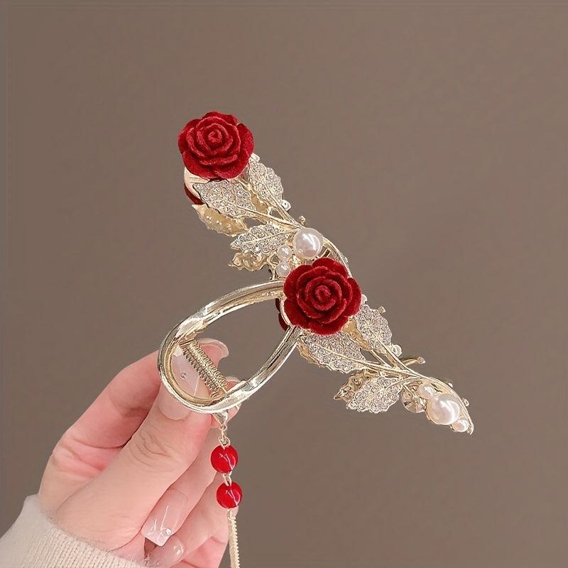 Red Rose Rhinestone Faux Pearl Tassel Hair Claw Clip