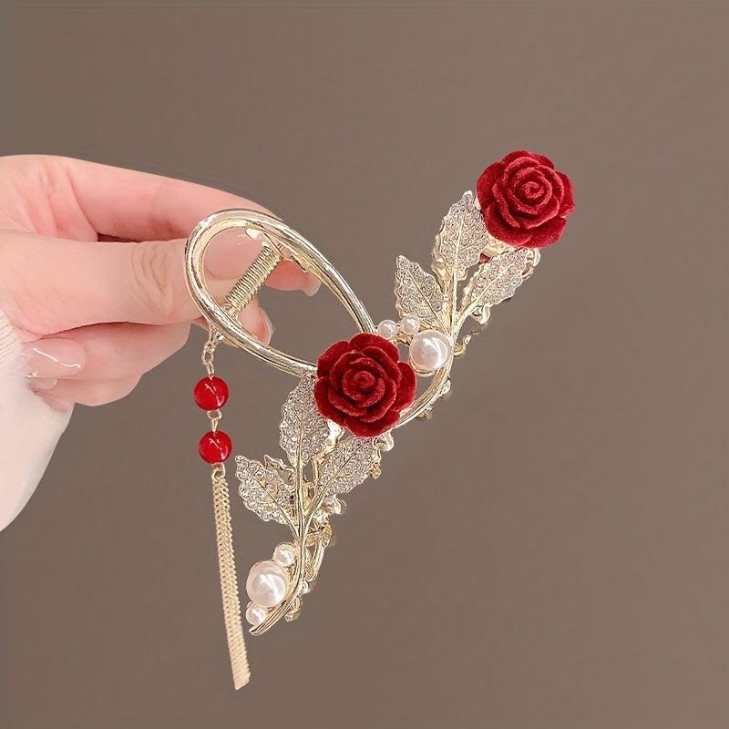 Red Rose Rhinestone Faux Pearl Tassel Hair Claw Clip