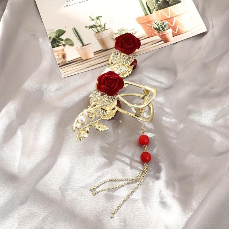 Red Rose Rhinestone Faux Pearl Tassel Hair Claw Clip