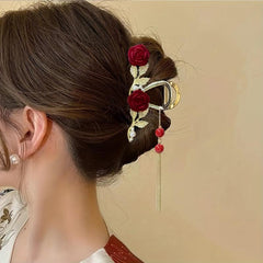 Red Rose Rhinestone Faux Pearl Tassel Hair Claw Clip