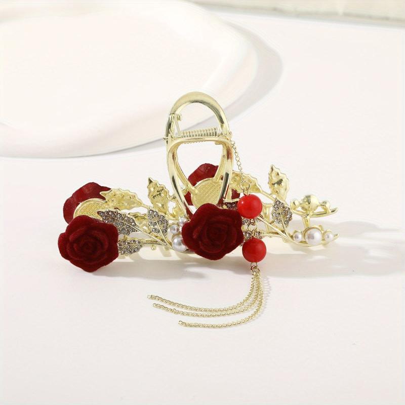 Red Rose Rhinestone Faux Pearl Tassel Hair Claw Clip