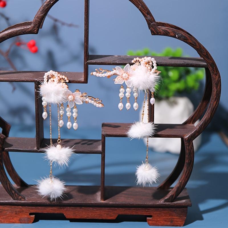 Hair Ball Flower Hairpin Pearl Tassel Headdress Girls Hair Access